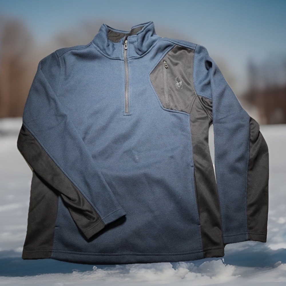 Spyder Mens Core Sweater Ribbed Quarter Zip Pullover Men's Size Large Black/Blue